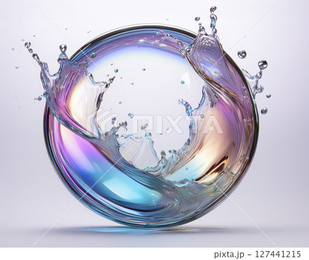 水飛沫でできた輪 白背景に虹色の光 水飛沫でできた輪 白背景に虹色の光 127441215