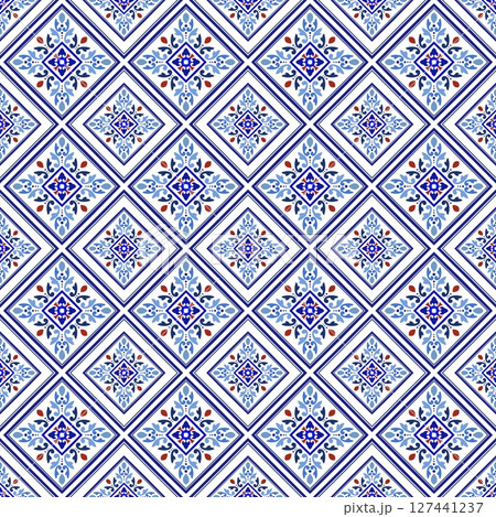 Mediterranean floral seamless pattern of blue red and yellow tiles. Ethnic mosaic design of Portuguese, Italian, Spanish decorative motifs. Ornament for home textile or ceramic. Vector illustration Mediterranean floral seamless pattern of blue red and yellow tiles. Ethnic mosaic design of Portuguese, Italian, Spanish decorative motifs. Ornament for home textile or ceramic. Vector illustration 127441237