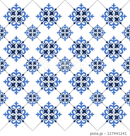 Mediterranean floral seamless pattern of blue red and yellow tiles. Ethnic mosaic design of Portuguese, Italian, Spanish decorative motifs. Ornament for home textile or ceramic. Vector illustration 127441241