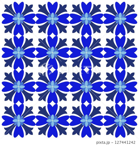 Mediterranean floral seamless pattern of blue red and yellow tiles. Ethnic mosaic design of Portuguese, Italian, Spanish decorative motifs. Ornament for home textile or ceramic. Vector illustration 127441242