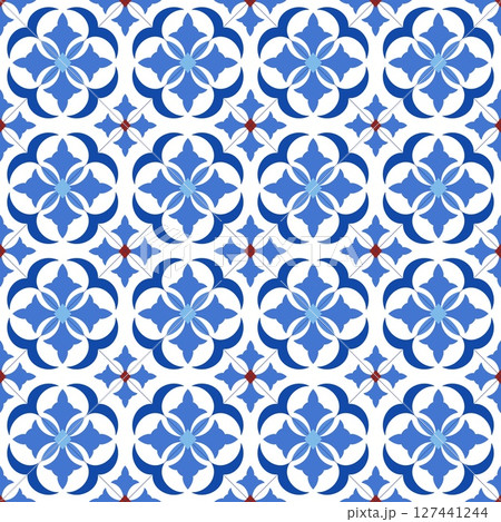 Mediterranean floral seamless pattern of blue red and yellow tiles. Ethnic mosaic design of Portuguese, Italian, Spanish decorative motifs. Ornament for home textile or ceramic. Vector illustration 127441244