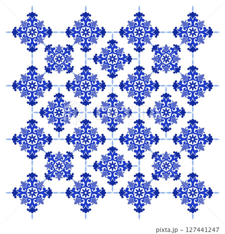 Mediterranean floral seamless pattern of blue red and yellow tiles. Ethnic mosaic design of Portuguese, Italian, Spanish decorative motifs. Ornament for home textile or ceramic. Vector illustration Mediterranean floral seamless pattern of blue red and yellow tiles. Ethnic mosaic design of Portuguese, Italian, Spanish decorative motifs. Ornament for home textile or ceramic. Vector illustration 127441247