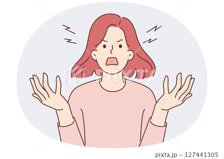 Furious woman screaming due to uncontrollable aggression and panic attack caused Furious woman screaming due to uncontrollable aggression and panic attack caused 127441305