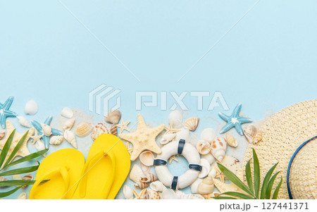 Summer beach vibes with shells and starfish decor Summer beach vibes with shells and starfish decor 127441371