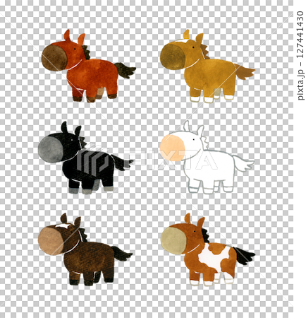 A set of various kinds of cute horses. Hand-drawn watercolor illustrations of animals. 127441430
