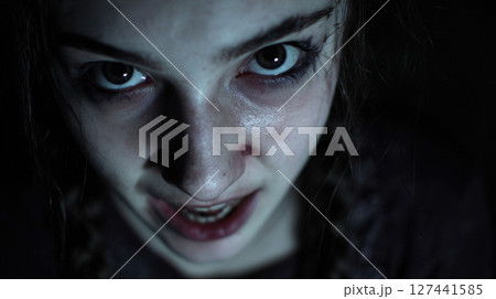 Creepy horror portraits of women and dolls in eerie lighting with dark and disturbing atmosphere Creepy horror portraits of women and dolls in eerie lighting with dark and disturbing atmosphere 127441585