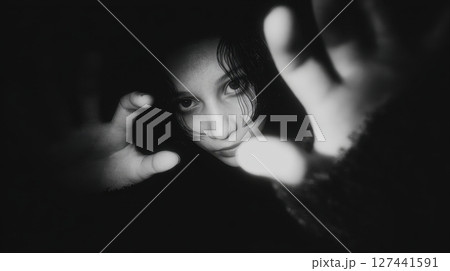 Creepy horror portraits of women and dolls in eerie lighting with dark and disturbing atmosphere 127441591