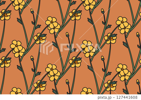 Botanical floral seamless pattern vector illustration. Repeating wildflowers meadow plant whit yellow flowers in pastel brown background. Graphic design for Fashion Wedding Textile Greeting Card Cover Botanical floral seamless pattern vector illustration. Repeating wildflowers meadow plant whit yellow flowers in pastel brown background. Graphic design for Fashion Wedding Textile Greeting Card Cover 127441608
