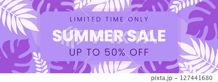 summer sale banner with tropical leaves in violet colors flat vector illustration. summer sale banner with tropical leaves in violet colors flat vector illustration. 127441680