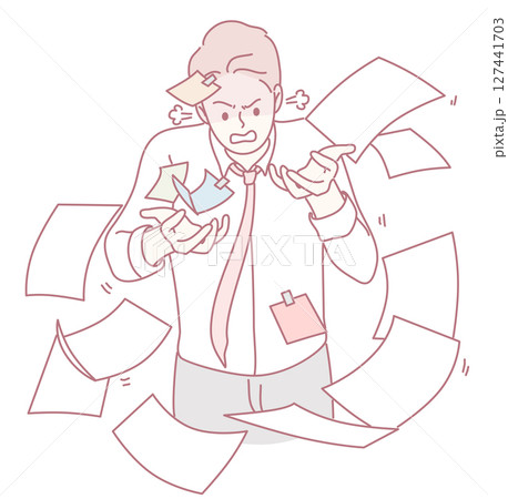 A Stressed Businessman Overwhelmed with Paperwork and Tasks, Intensifying Work Chaos 127441703