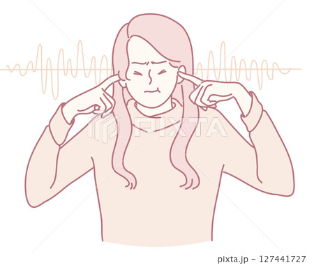 A woman covers her ears from loud noise, showing stress and the need for tranquility 127441727