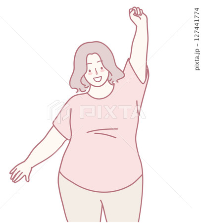 A Cheerful Woman Exuberantly Celebrating with an Uplifted Arm Gesture of Joy and Happiness 127441774