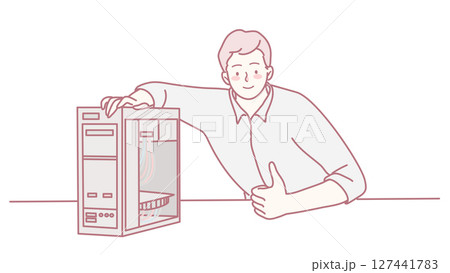 A vibrant young man is excitedly showcasing a trendy kitchen appliance and its features 127441783