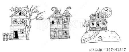 Halloween haunted houses. Vector hand painted linear ghost castles at night, monster silhouette illustration. Mystical graphic monochrome spooky and horror bat, moon and grave isolated on background Halloween haunted houses. Vector hand painted linear ghost castles at night, monster silhouette illustration. Mystical graphic monochrome spooky and horror bat, moon and grave isolated on background 127441847