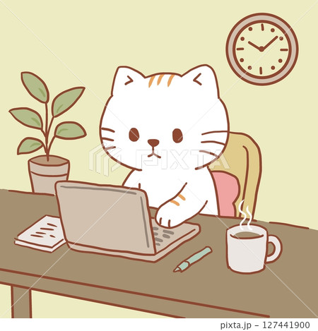 在宅ワークをする白猫のイラスト 127441900