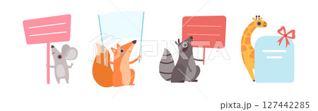 Funny Animal Character Holding Banner or Placard Vector Set 127442285