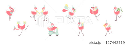 Cute Pink Flamingo Bird in Different Activity Vector Set Cute Pink Flamingo Bird in Different Activity Vector Set 127442319