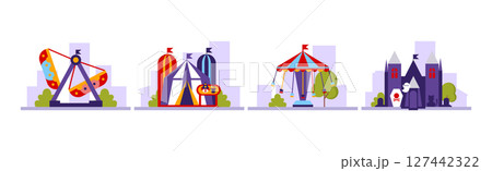 Amusement Park Attraction and Carnival Carousel Vector Set Amusement Park Attraction and Carnival Carousel Vector Set 127442322