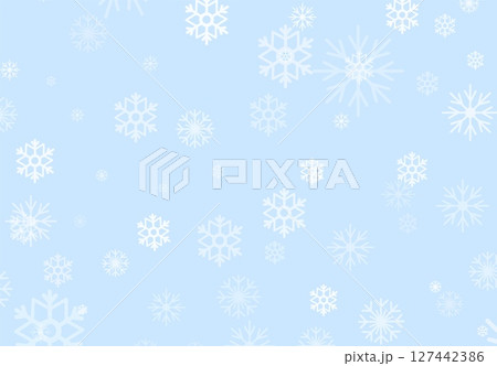Delicate snowflakes fall softly against a light blue backdrop, creating a serene winter atmosphere. This vector illustration captures the beauty of the cold season, perfect for seasonal designs 127442386