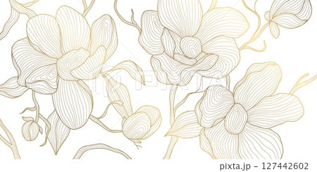 Vector golden line flowers, floral luxury art pattern. Abstract nature ornament garden leaf wallpaper, spring, wedding botanical graphic. Tropical Chinese, Japanese background. 127442602