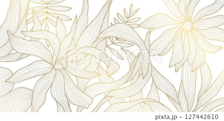Vector golden line flowers, floral luxury art pattern. Abstract nature ornament garden leaf wallpaper, spring, wedding botanical graphic. Tropical Chinese, Japanese background. 127442610