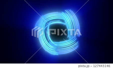 Abstract glowing blue ring with dynamic segmented energy trails on dark background, evoking futuristic technology and digital motion Abstract glowing blue ring with dynamic segmented energy trails on dark background, evoking futuristic technology and digital motion 127443146