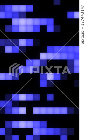 A digital grid of glowing blue squares forms an abstract, pixel-style futuristic background 127443147