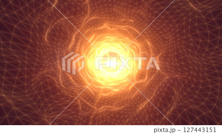 Intense glowing orange energy tunnel with bright core, abstract mesh grid, and strong digital flare in center Intense glowing orange energy tunnel with bright core, abstract mesh grid, and strong digital flare in center 127443151