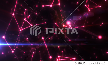 Glowing pink digital mesh of interconnected points on dark background with futuristic design elements and light flares Glowing pink digital mesh of interconnected points on dark background with futuristic design elements and light flares 127443153