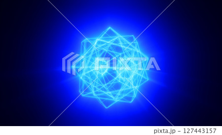 Futuristic blue holographic sphere formed of transparent geometric rings and glowing points 127443157