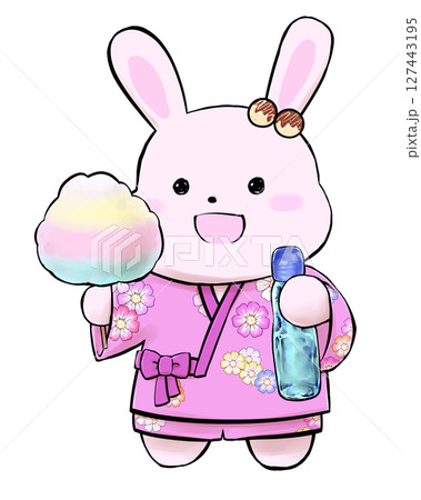 浴衣でお祭りを楽しむウサギのキャラクター 127443195