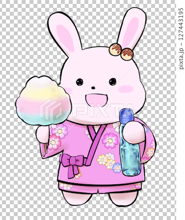 浴衣でお祭りを楽しむウサギのキャラクター 127443195