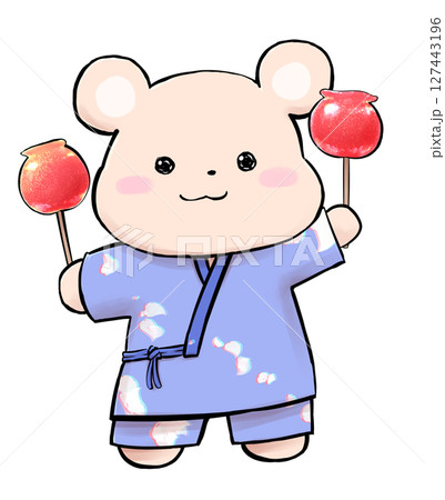 浴衣でお祭りを楽しむクマのキャラクター 浴衣でお祭りを楽しむクマのキャラクター 127443196