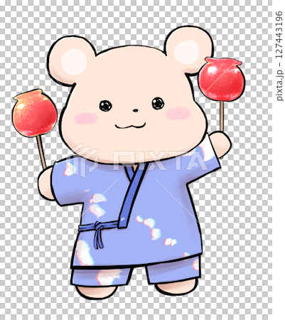 浴衣でお祭りを楽しむクマのキャラクター 浴衣でお祭りを楽しむクマのキャラクター 127443196