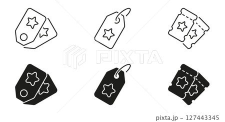 Star Tag And Ticket Line and Silhouette Icon Set. Discount Labels And Event Admission Symbols Collection. Retail Pricing And Entertainment Access Symbols. Isolated Vector Illustration Star Tag And Ticket Line and Silhouette Icon Set. Discount Labels And Event Admission Symbols Collection. Retail Pricing And Entertainment Access Symbols. Isolated Vector Illustration 127443345
