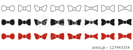 Bow Tie Icon Set In Line, Solid, And Color Styles. Fashion Accessory, Formal Wear, And Style Symbol Collection. Includes Outline, Silhouette, And Red Variations. Isolated Vector Illustration 127443354