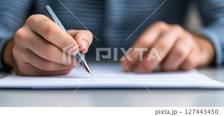 close up of hands holding pen, writing notes on paper, showcasing focus and creativity 127443450