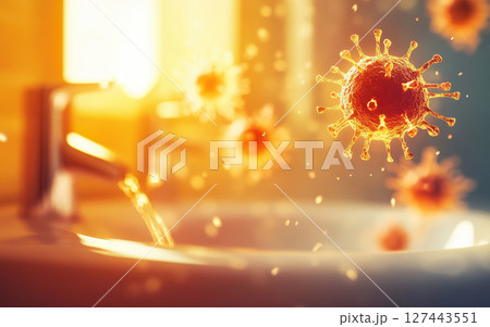 Germs hovering mid air above sink, illustrating contamination risks 127443551