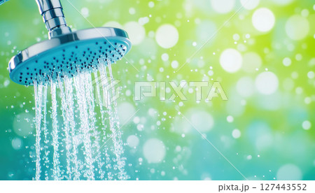 Shower head releasing water droplets against colorful background, creating refreshing atmosphere 127443552