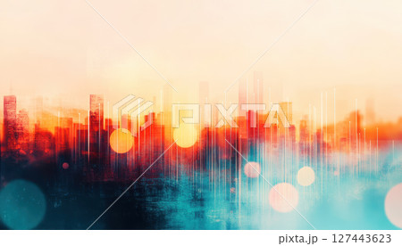 Abstract digital art featuring vibrant city skyline with rising profit lines, evoking sense of growth and optimism 127443623