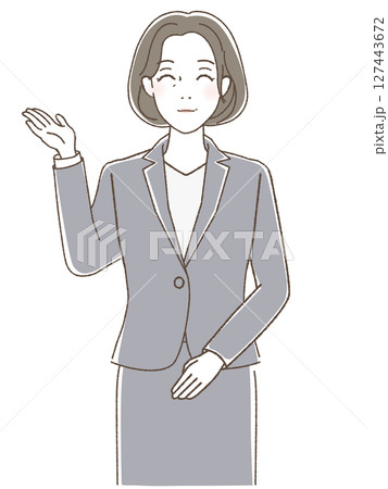 手をあげて微笑むスーツの女性 手をあげて微笑むスーツの女性 127443672