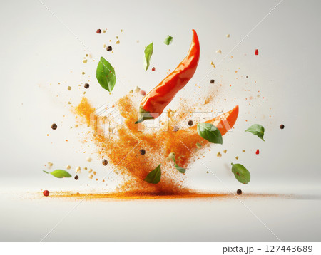 Spicy chili peppers and herbs create vibrant explosion of flavor 127443689