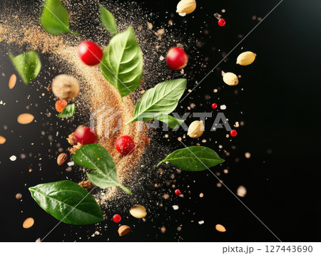 Colorful spices and green leaves create vibrant motion effect 127443690