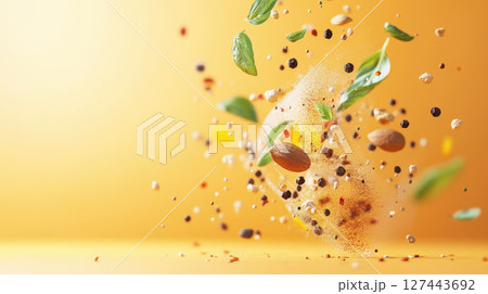 Dynamic culinary motion art with floating spices in mid air 127443692