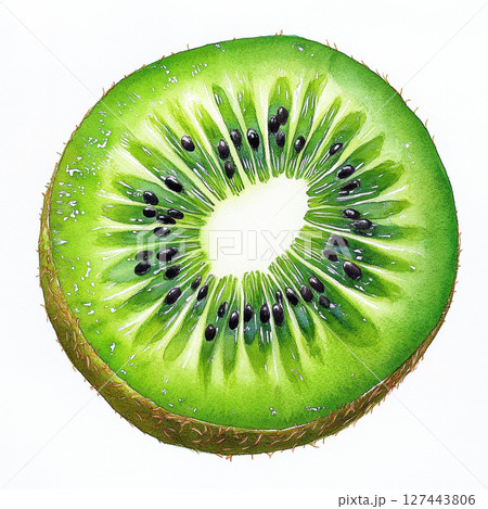 Fresh kiwi slice with vibrant green color and black seeds, showcasing its juicy texture and natural beauty 127443806