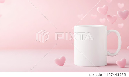 blank white mug surrounded by pink hearts on soft pink background, perfect for Valentine Day 127443926