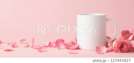 white ceramic mug surrounded by elegant rose petals on soft pink background, creating serene and romantic atmosphere 127443927
