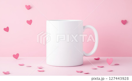 white mug on pastel pink surface surrounded by tiny pink hearts, creating romantic atmosphere 127443928