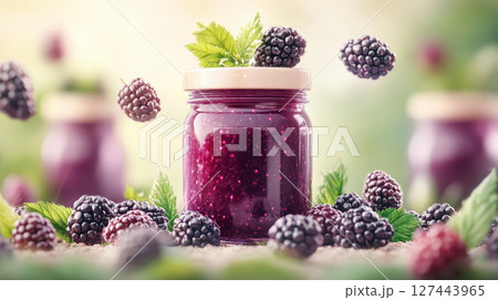 Delicious blackberry jam jar surrounded by fresh blackberries and mint leaves, creating vibrant and inviting scene Delicious blackberry jam jar surrounded by fresh blackberries and mint leaves, creating vibrant and inviting scene 127443965