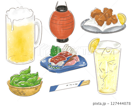 いろいろな種類のお酒とおつまみのイラストセット　手描き 127444078